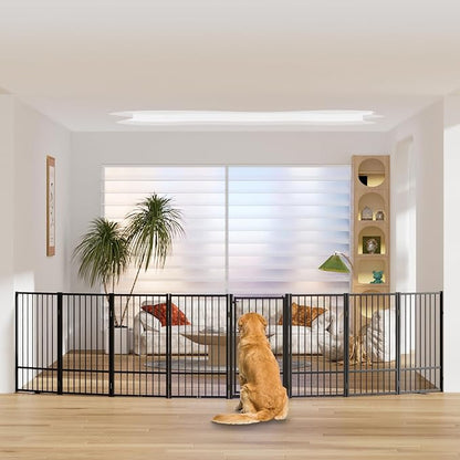SNUOWU Full Metal Freestanding Dog Gate with Door, 36''Height Foldable Pet Dog Fence for Indoor & Outdoor, 8 Panels Extra Wide Free Standing TallDog Gates for Doorways,House,Stairs,Porch,Deck,Yard