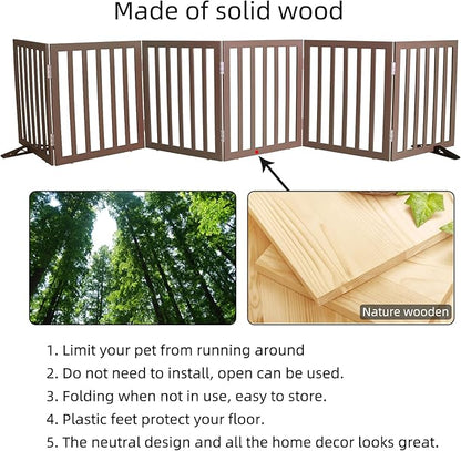 ZJSF Freestanding Indoor Dog Gate for House Foldable Wood Puppy Gate for Doorways Pet Gate for Stairs Extra Wide Pet Fence, Brown, 24" Height 6 Panels