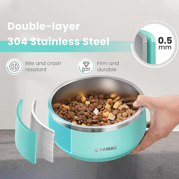 Pawaii Dog Bowl, 68 oz Double-Wall Stainless Steel Food and Water Bowl, Non-Slip Rubber Base, Dishwasher Safe, ID Tag Included, (1 Pack)
