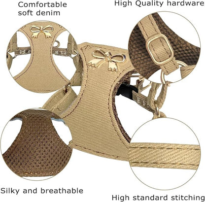 No Pull Dog Harness and Leash Set for Small Sized Dog Training; Puppy Harnesses with Multifunction Dog Leash, Soft Adjustable Denim No Choke Escape Proof Pet Harness for Small and Medium Dog (Brown S)