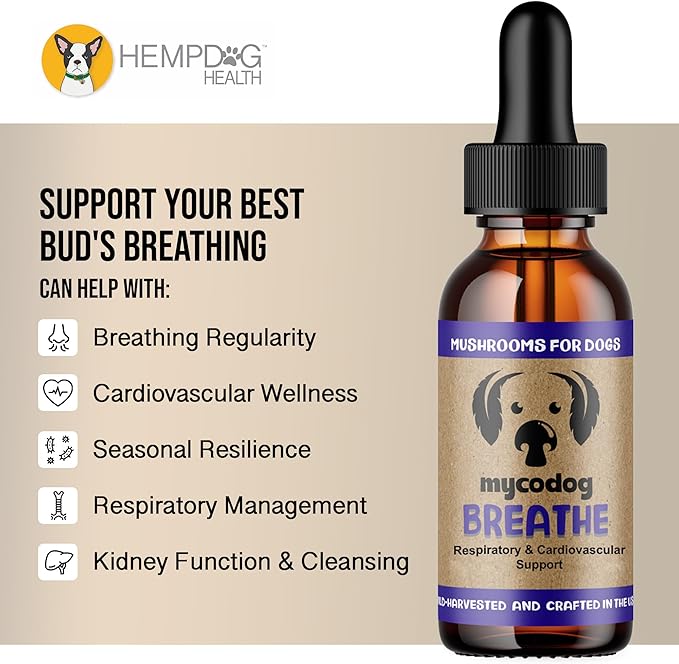 MycoDog Breathe - Respiratory Support Supplement for Dogs - Breathing Comfort & Airway Health - French Bulldogs, Pugs, & Flat-Faced Breeds - Natural Mushroom and Ashwagandha Drops - 2 oz