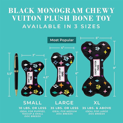 Haute Diggity Dog Chewy Vuiton Bone Plush Squeaky Dog Toy, Soft Durable Designer-Inspired Stuffed Puppy Chew Toys for Small, Medium & Large Dogs, Machine-Washable (Black Monogram) XL