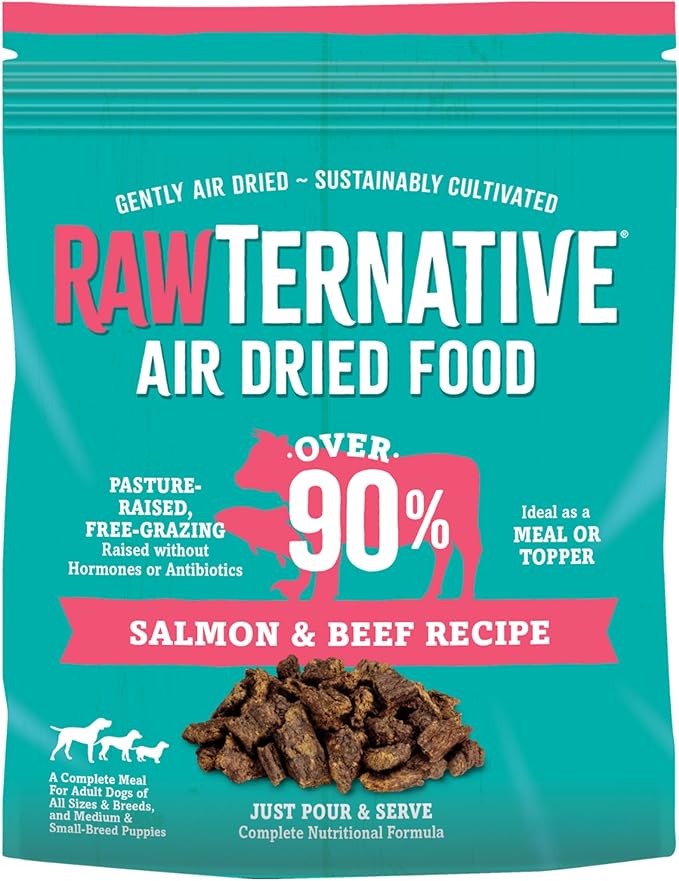 RawTernative Air Dried Dog Food, High Protein, Over 90% Real Salmon & Beef + New Zealand Green Mussels, Complete Meal or Topper, Grain Free, Gluten Free, Non GMO, (5 oz Bag)