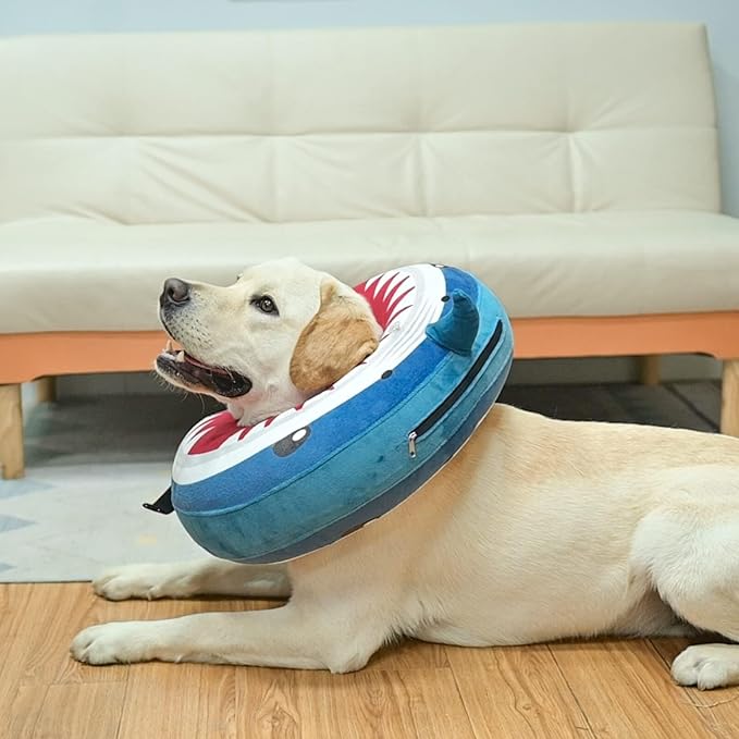 BEAUTYZOO Dog Cone Alternative After Surgery for Large Medium Small Dogs, Soft Inflatable Cone Collar for Dogs Cats, Pet Neck Donut E Collar Dog Recovery Collars to Stop Licking, Shark Blue, L