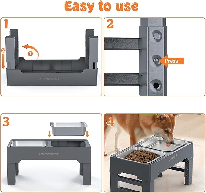 URPOWER Raised Dog Bowls 4 Height Adjustable Elevated Bowl Stand with Stainless Steel Water Bowl Non-Slip Dog Food Bowls Stand for Small Medium Large Dogs and Pets