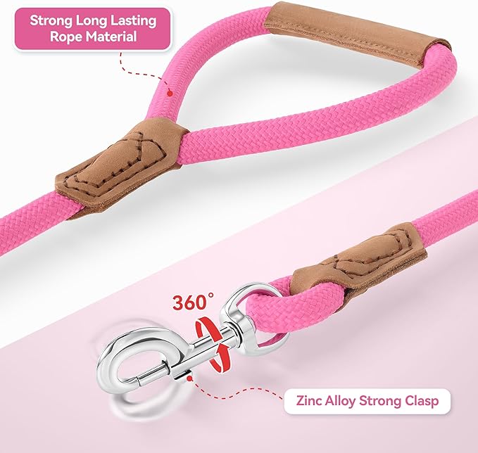 Mile High Life Leather Dog Leash, Heavy Duty Strong Genuine Leather Handle Rope Leash Soft and Comfortable for Small Medium Large Dogs (Hot Pink, 60 Inch)