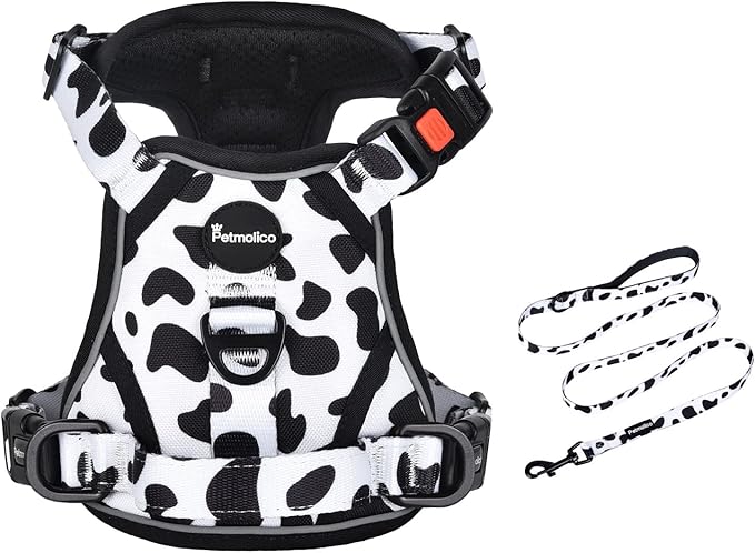 Petmolico No Pull Dog Harness and Leash Set, No Choke 4 Leash Attchments Easy Control Handle Soft Padded Reflective Vest Dog Harness for Large Dog Breed, Cow Pattern Large