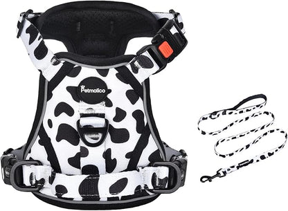 Petmolico No Pull Dog Harness and Leash Set, No Choke 4 Leash Attchments Easy Control Handle Soft Padded Reflective Vest Dog Harness for Large Dog Breed, Cow Pattern Large