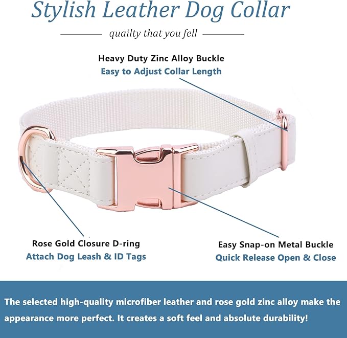 Dog Collar and Leash Set.Soft and Easy to Clean Vegan Leather with Rose Gold Metal Buckle for Small Medium Large Dogs (Off-White, S(12.2"-16.9"))