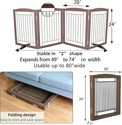 ZJSF Freestanding Dog Fence Indoor, Foldable Dog Gate for Doorways, Stairs or Hallways, Sturdy Wood Extra Wide Pet Gate with Support Feet for The House, Brown, 24 "Height-4 Panels
