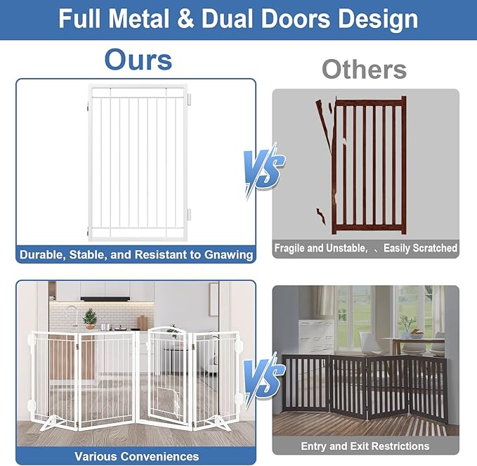 Metal Freestanding Dog Gate with Cat Door for Indoor&Outdoor,120" Extra Wide Foldable Pet Gate,32" Tall Foldable Indoor Dog Fence for Wide Openings Stairs,Deck,Yard,Doorways(6 Panels,White)