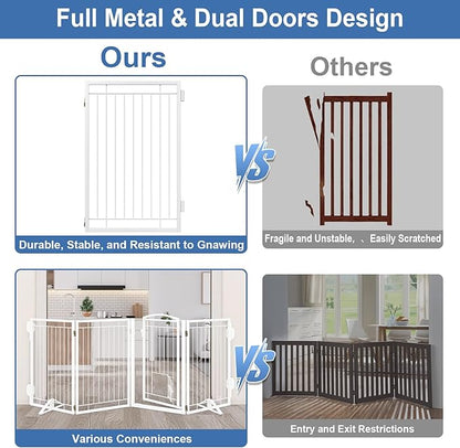 Metal Freestanding Dog Gate with Cat Door for Indoor&Outdoor,120" Extra Wide Foldable Pet Gate,32" Tall Foldable Indoor Dog Fence for Wide Openings Stairs,Deck,Yard,Doorways(6 Panels,White)