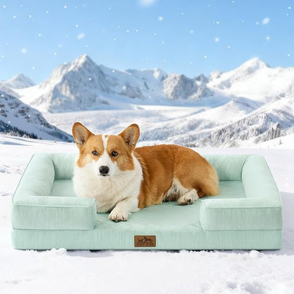 Cooling Dog Bed for Large Medium Size Dogs, Q-Max >0.4 Summer Cool Orthopedic Foam Pet Sofa Bed with Sides, Bolster Anti-Slip Couch with Washable Removable Cover, L 36x27x6.5 inch, Green