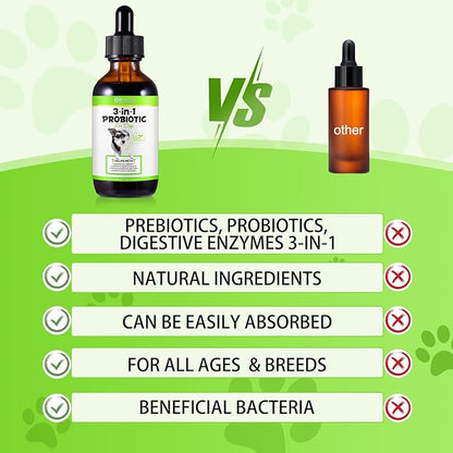 Probiotic for Dogs, 2 Pack Natural 3 in 1 Dog Probiotic Drops Helps to Diarrhea & Upset Stomach Relief, Supports Healthy Digestive System, Allergies, Digestive Enzyme for Dog, Bacon Flavor - 60ml x 2