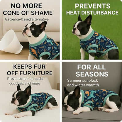 PetWarm After Surgery Onesie for Dogs, Pet Coat's Inner Clothes, Dog Cone Alternative After Surgery Suit for Dogs Female Male Dog Onesie for Spay Neuter, Dinosaur Pattern, Green, XS