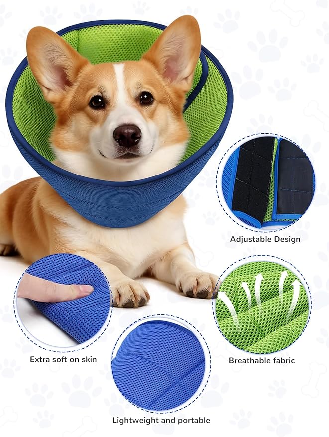Dog Cone Collar Alternative,Comfortable Cones for Medium Large Dogs to Stop Licking After Surgery,Adjustable Comfy Cones, Comfortable Fabric Elizabethan Collars (Green Blue, S)