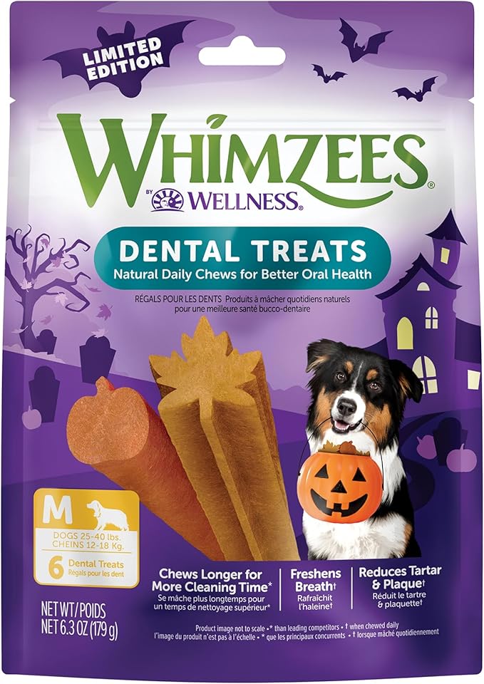 Wellness WHIMZEES Fall Dog Dental Treat, Autumn Halloween Seasonal Gift, Chews, Freshens Breath, Medium Size, 6.3 oz Bag, 6 Count
