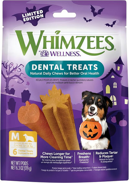Wellness WHIMZEES Fall Dog Dental Treat, Autumn Halloween Seasonal Gift, Chews, Freshens Breath, Medium Size, 6.3 oz Bag, 6 Count