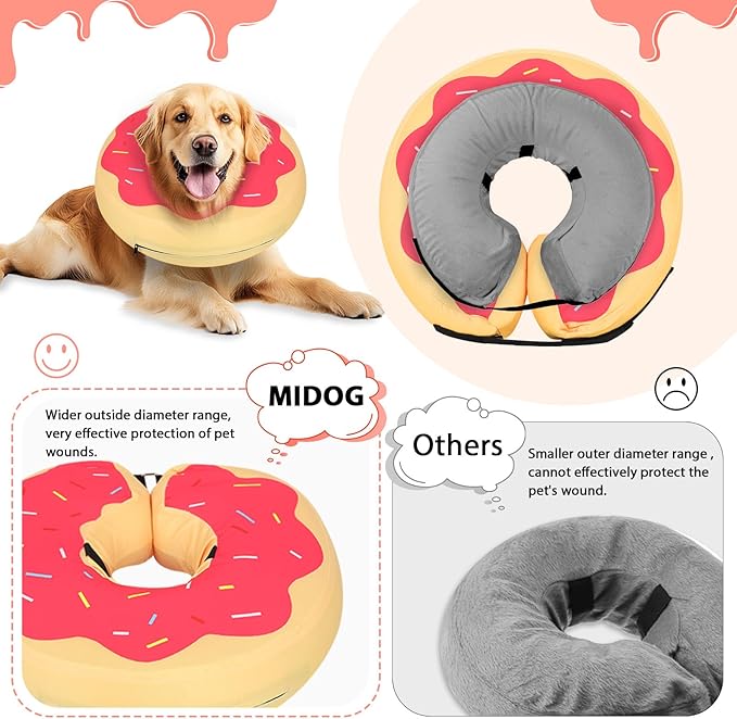 MIDOG Soft Inflatable Dog Cone, Donut E-Collar Alternative for After Surgery, Prevents Licking, Allowing Normal Eating & Vision, Comfortable Recovery Collar for Small Medium Large Dogs & Cats, Pink-L+