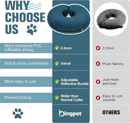 BINGPET Inflatable Dog Cone Collar Alternative After Surgery,Soft Recovery Cone for Dogs to Stop Licking,Dogs Blow up Protective Neck Donut ECollars Adjustable for Large Medium Small Pet, Navy Blue,XL