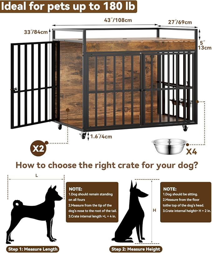 2PCS 43 Inch Dog Crate Furniture, Heavy Duty Dog Kennel with 3 Doors, 2 Adjustable Bowls and Lockable Wheels, Wooden Dog House for Large Dogs, End Table Dog Cage, Rustic Brown
