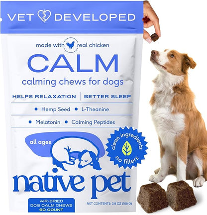 Native Pet Calming Chews for Dogs Medium Breed - Promotes Calming Effect, Supports Emotional Balance & Reduces Hyperactivity - Hemp Seed, Melatonin for Dogs, L-Theanine & Casein - 30 Days Supply