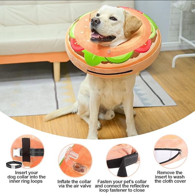 BEAUTYZOO Dog Cone Alternative After Surgery for Large Medium Small Dogs, Soft Inflatable Cone Collar for Dogs Cats, Dog Neck Donut E Collar Dogs Recovery Collar to Stop Licking, Brown Burger, XL