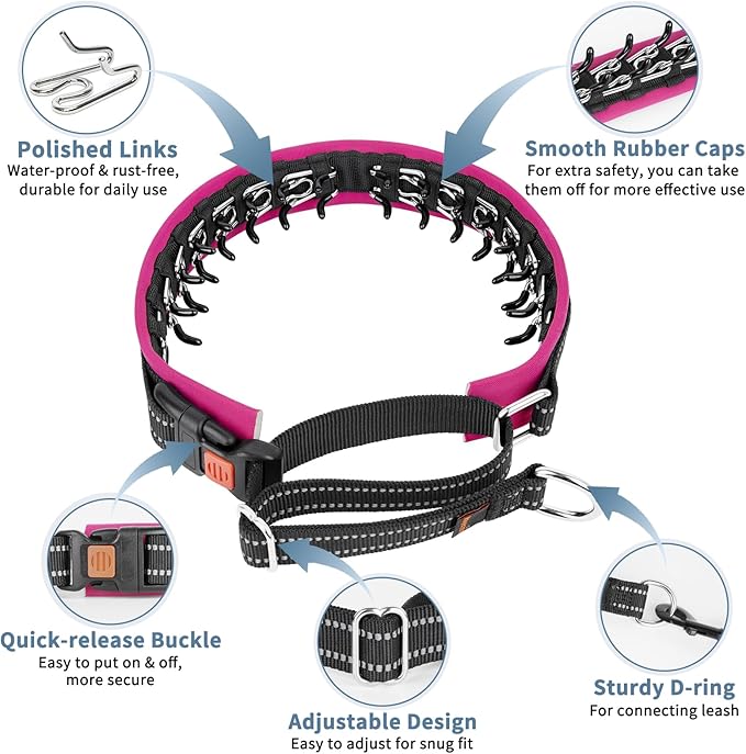 Mayerzon Martingale No Pull Collar for Small Medium Dogs, Patented Anti Pull Dog Collar with Buckle for Walking Training, with Neoprene Padding and Reflective Stitching, Adjustable(Hot Pink Trim, S)