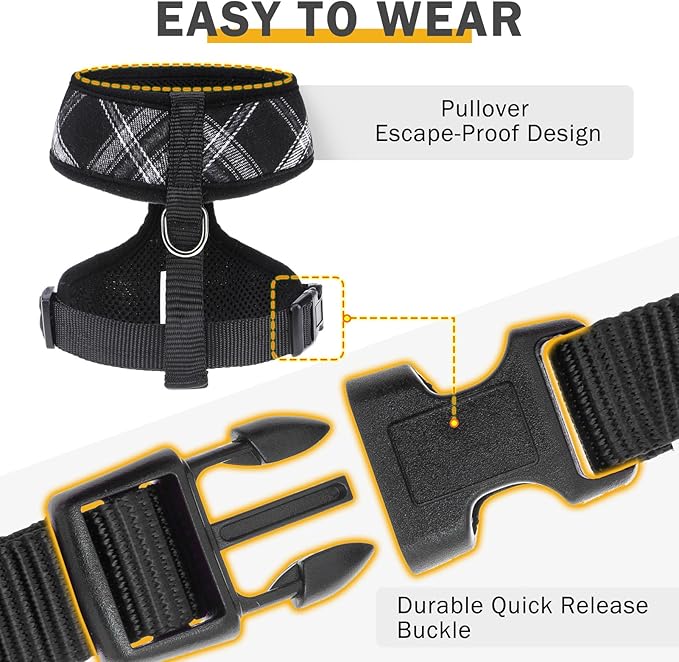 SCENEREAL No Pull Dog Harness Collar and Leash Set Small Medium Sized Dog, Soft Mesh Puppy Harnesses, No Chock Plaid Adjustable Pet Vest for Outdoor Walking Training and Running, Black S
