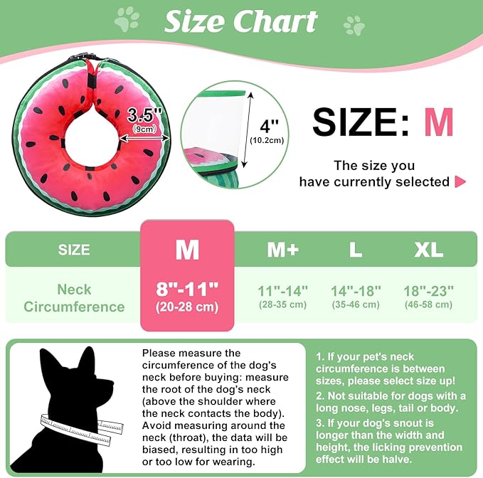 Inflatable Dog Cone, Watermelon Donut Collar After Surgery, Donut Cone with Detachable Anti-Licking Shield, Soft Recovery Collar for Large Medium Pets Does Not Block View
