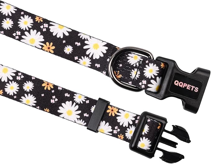 QQPETS Adjustable Soft Dog Collar: Print Flower Pink Multicolor Cute Patterns for XS Small Medium Large Pet Girl Boy Puppy Walking Running Training (M, White Daisy)
