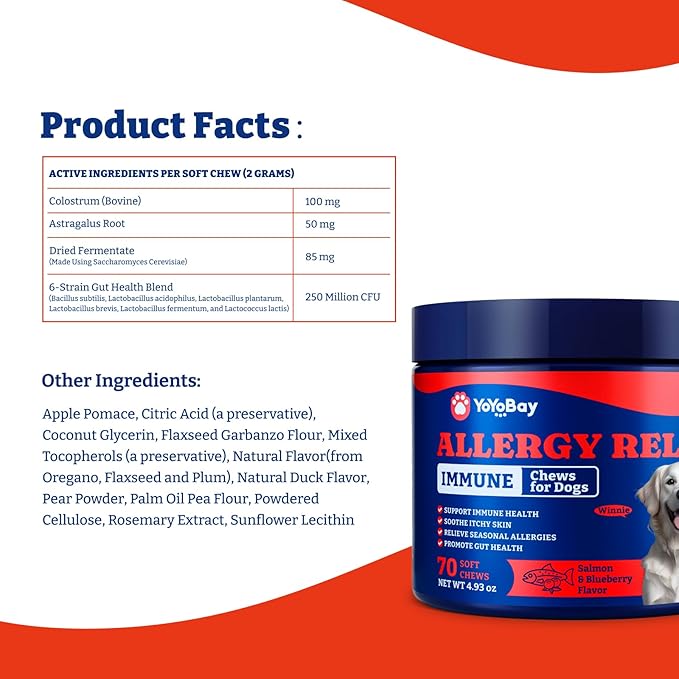 Dog Allergy Relief Chews – 70 Soft Chews, Salmon & Blueberry Flavor - Immune Support & Itch Relief with Colostrum, Astragalus Root, 6-Strain Gut Health Blend