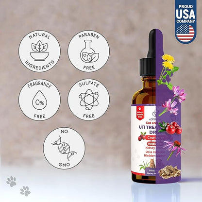 Dog UTI Treatment | Urinary Tract Infection Drops for Cats & Dogs | Cat UTI Remedy | Cranberry Supplement | Kidney Health Support, 2 Fl.Oz