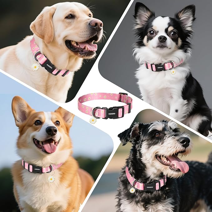 Kazazoo Dog Collar Cute and Soft Nylon Puppy Collar Girl, Adjustable Dog Collars for Medium Large Dogs, Pink Daisy-L