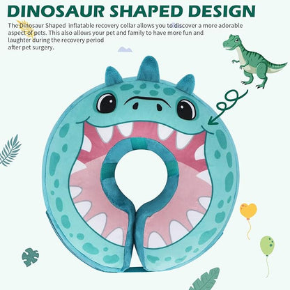 IEUUMLER Inflatable Recovery Dog Collar, Protective Donut Cone, Adjustable Soft Collar for Dog and Cat After Surgery Prevent from Biting & Scratching EU002 - Teal Dinosaur XL