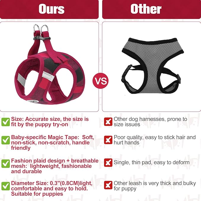 BEAUTYZOO Small Dog Harness and Leash Set, Step-in No Chock No Pull Soft Mesh Dog Harness Reflective for Extra-Small/Small Medium Puppy Dogs and Cats, Plaid Dog Vest Harness for XS S Pets, Red