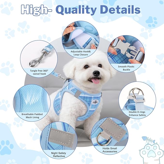 Gyuzh Dog Harness and Leash Set, 3-in-1 Step in No Pull Harness Vest Collar for Small Dogs & Cats, Lightweight Breathable Mesh Reflective Plaid with Padded Handle (Blue, L)