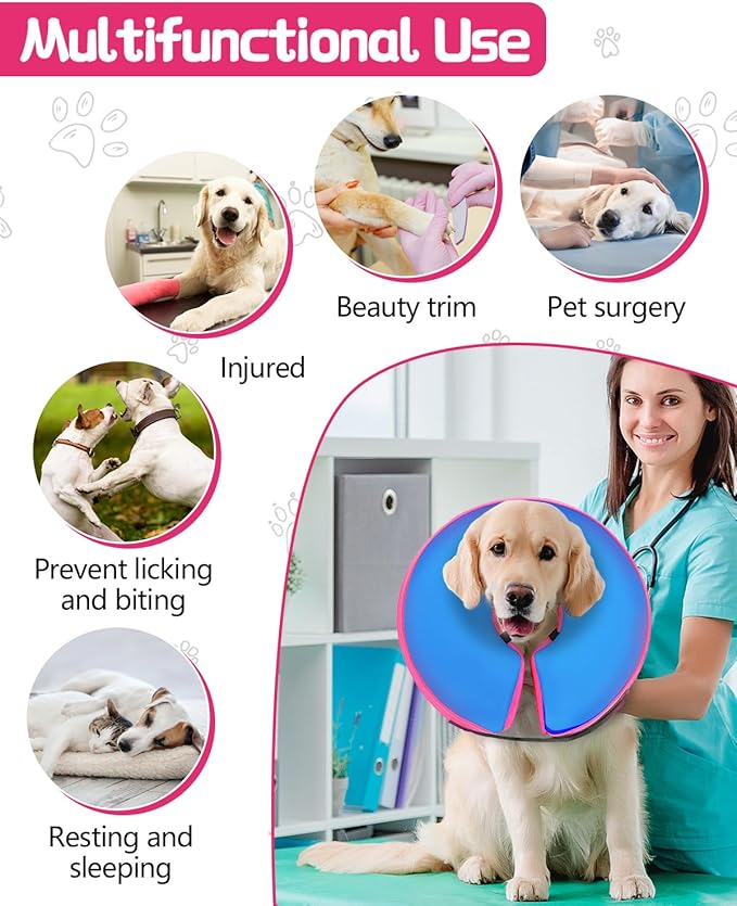 MIDOG Soft Inflatable Dog Cone, Donut E-Collar Alternative for After Surgery, Prevents Licking, Allowing Normal Eating & Vision,Comfortable Recovery Collar for Small Medium Large Dogs&Cats,PinkBlue-L+