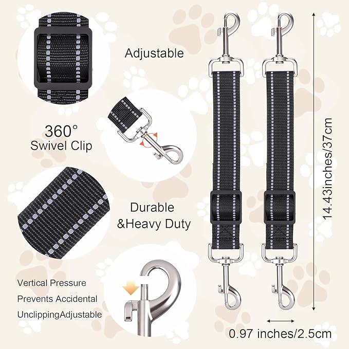 ElevateTech 2Pcs Dog Collar Safety Clip Adjustable Double Ended Backup Clasp Leash Connector Gentle Leader for Dogs Suitable Dog Harness Small Dogs Collar Walking Running Training Travel (Black)
