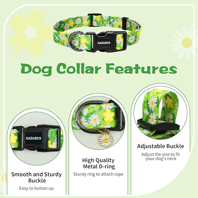 Kazazoo Dog Collar Cute and Soft Nylon Puppy Collar for Boy and Girl, Adjustable Dog Collars for Small Medium Dogs, Green Daisy-XS