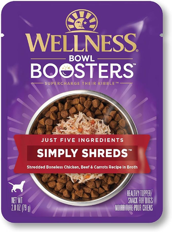 Wellness Bowl Boosters Simply Shreds Wet Dog Food Topper for Small, Medium, and Large Breeds, Grain Free, Natural, Beef and Carrots Recipe, 2.8 oz, Pack of 12 Pouches