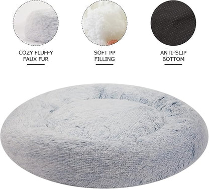 Bedfolks Calming Donut Dog Bed, 30 Inches Round Fluffy Dog Beds for Medium Dogs, Anti-Anxiety Plush Dog Bed, Machine Washable Pet Bed (Light Blue, Medium)