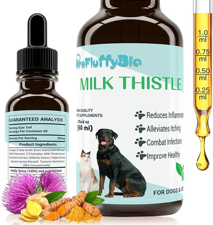 Milk Thistle for Dogs - Liver & Kidney Support, Natural Detox & Hepatic Health, with Wild Alaskan Salmon Oil & Curcumin, Omega 3 and Silymarins - Veterinarian-Formulated Herbal Supplement 2 Oz