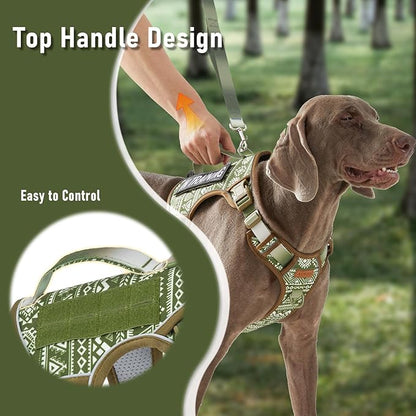 AUNZO Green Dog Harness for X-Large Dog Breeds, No Pull Adjustable Pet Harness with Handle, Reflective K9 Military Service Dog Vest for Walking Hiking Training, Green Ethnic, XL