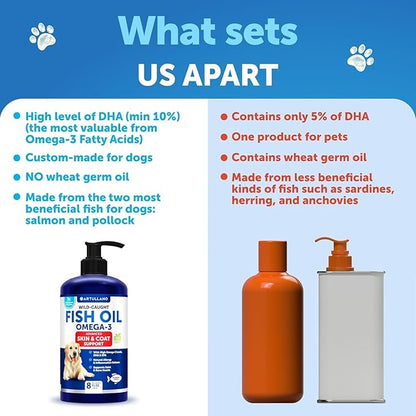 Omega 3 Fish Oil for Dogs - Better Than Salmon Oil - Skin and Coat Defense Liquid Supplement for Allergy Relief - High EPA & DHA for Shedding, Mobility, Itching, Joint & Bone Health Support - 8 FL OZ