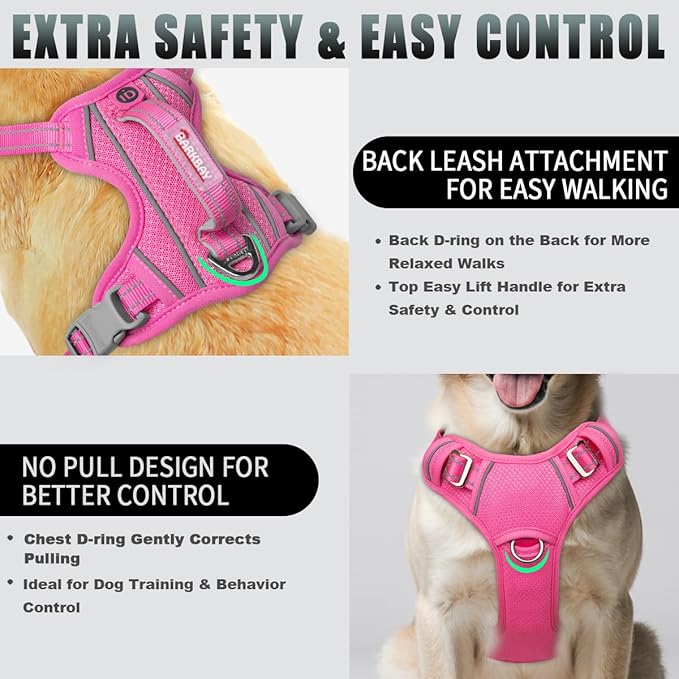 BARKBAY No Pull Dog Harness Large Reflective Dog Harness with Front Clip and Easy Control Handle for Walking Training Running with ID tag Pocket(Pink,L)