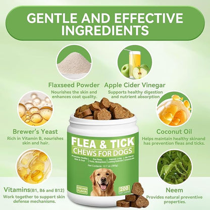 Dog Flea and Tick Chewables for Dogs 200Ct, Natural Support Supplement, Flea Supplement for Dogs, Flea and Tick Chews for Dogs Puppies, All Breeds & Sizes, Digestive Health