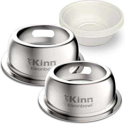 Kinn Kleanbowl Pet Bowl Stainless Steel Frame with Compostable Refills, 32 oz (Pack of 2) – Spill-Proof Stable Disposable Pet Bowls for Easy Cleaning and Healthy Pets, No Plastic