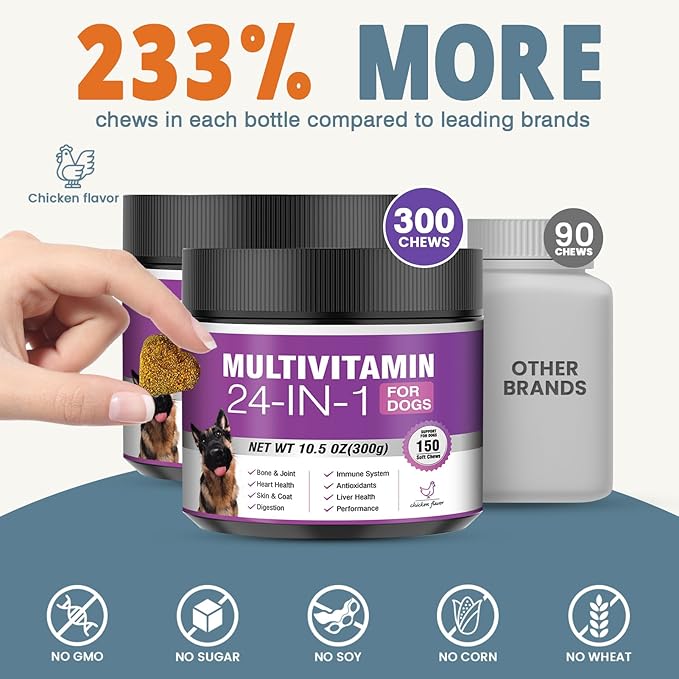 24-in-1 Dog Vitamins and Supplements 300 Ct Dogs Multivitamin Chewable Contain Chondroitin Probiotics Omega-3 Glucosamine for Dogs Skin Coat Heart Joint Gut Liver Brain Eyes Immune Support - Chicken