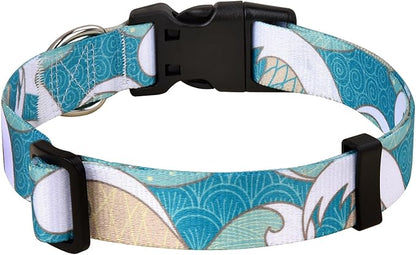 Mihqy Dog Collar with Bohemia Floral Tribal Geometric Patterns - Soft Ethnic Style Collar Adjustable for Small Medium Large Dogs(Sea Wave,L)